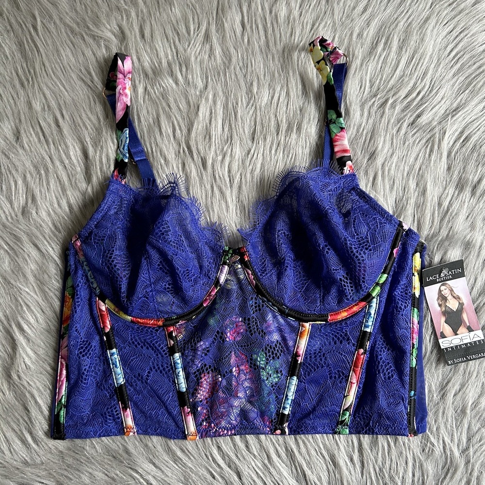 Sofia By Sofia Vergara Lace & Satin Bustier Womens Size 36B Blue Floral Corset